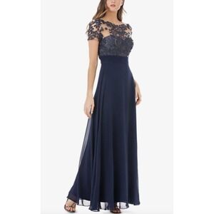 JS Collection Navy Blue Floral Lace Illusion Neckline Chiffon Gown Dress 12